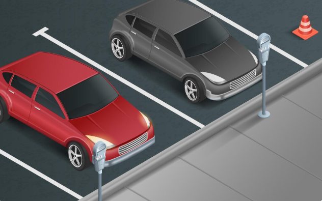 Illustration showing cars parked in a freshly sealcoated parking lot with bright line striping and organized spaces