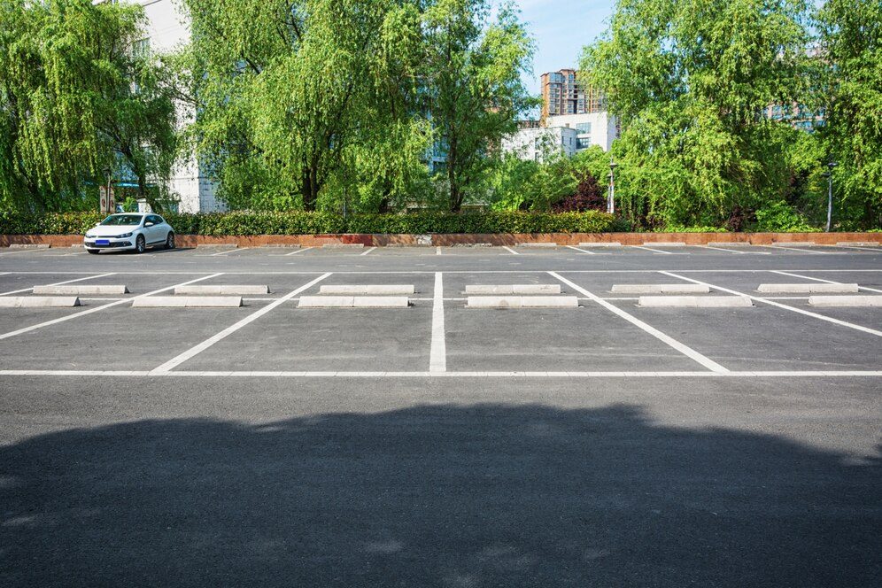 Parking lot in a public park featuring placed wheel stops