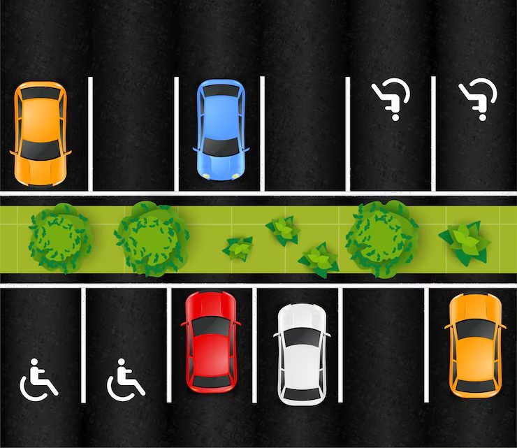 Parking lot with pavement markings for disabled access and vehicles parked properly