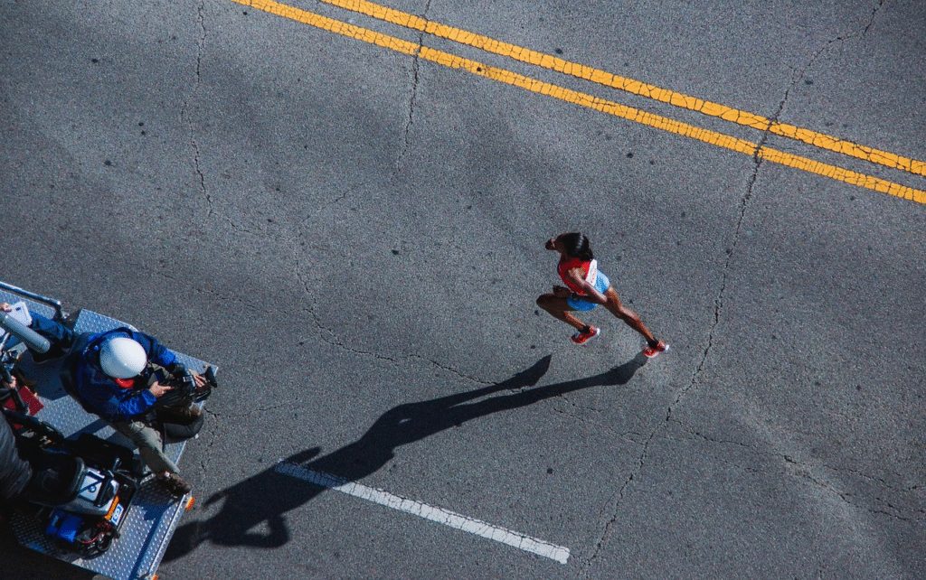 A woman runs a marathon.