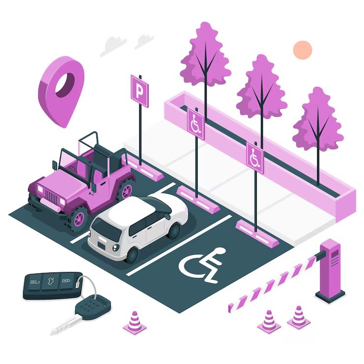 Illustration of a car parked in a disabled spot with ADA-compliant markings