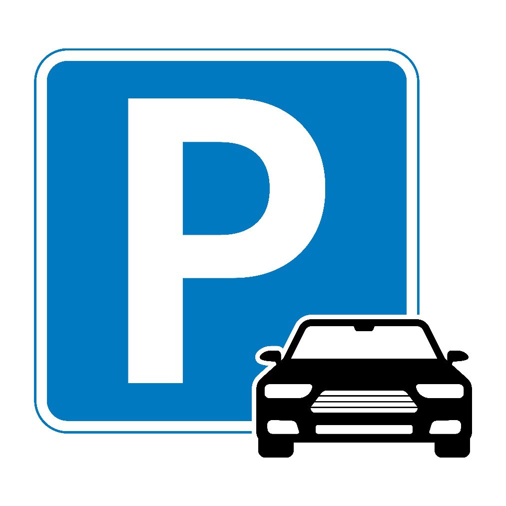 Flat-style illustration of a blue parking sign with a white “P” symbol.